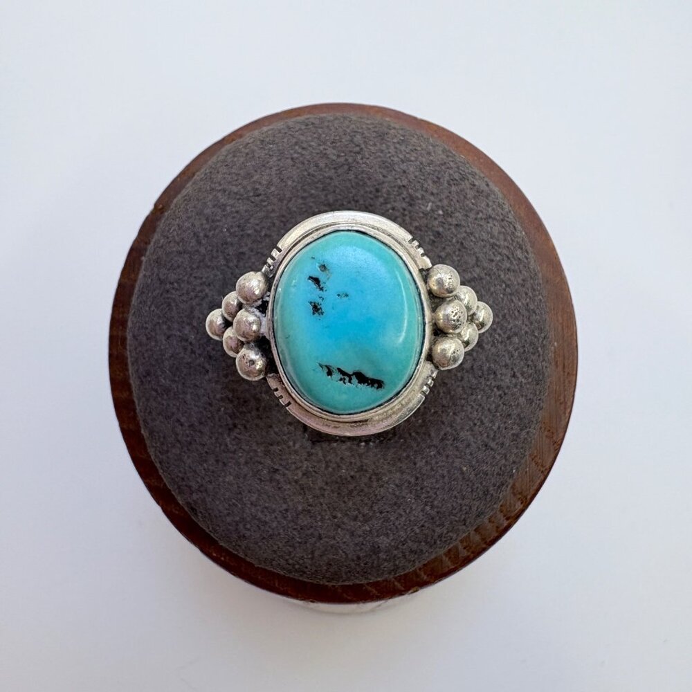 Turquoise Bezel Set Beaded Design Shoulders Ring Sterling Silver 925 Size 6.75